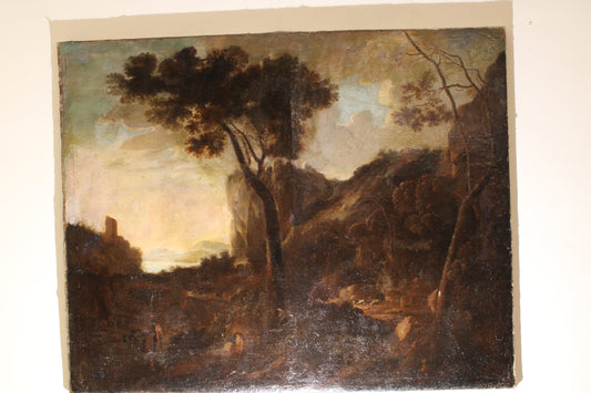 Tableau ancien du cercle de Claude Lorrain (1600-1682) - Paysage avec tour et troupeaux