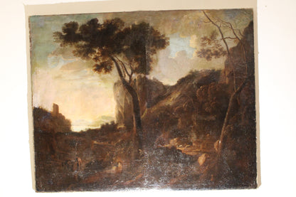 Tableau ancien du cercle de Claude Lorrain (1600-1682) - Paysage avec tour et troupeaux