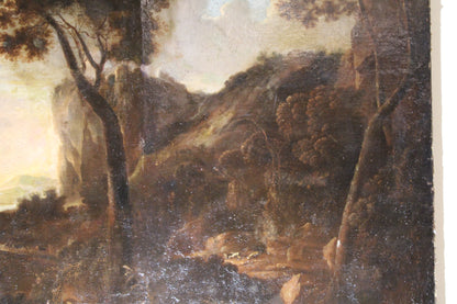 Tableau ancien du cercle de Claude Lorrain (1600-1682) - Paysage avec tour et troupeaux