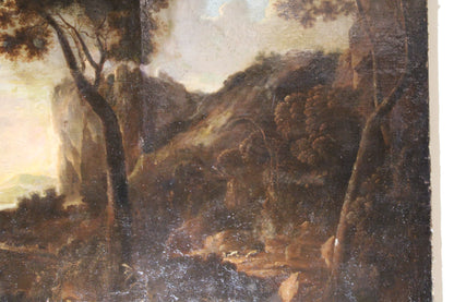 Tableau ancien du cercle de Claude Lorrain (1600-1682) - Paysage avec tour et troupeaux