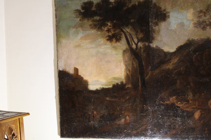Tableau ancien du cercle de Claude Lorrain (1600-1682) - Paysage avec tour et troupeaux