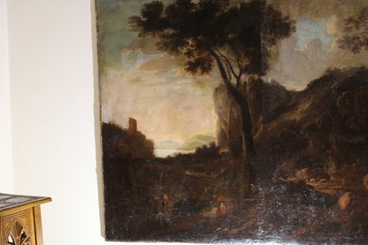 Tableau ancien du cercle de Claude Lorrain (1600-1682) - Paysage avec tour et troupeaux