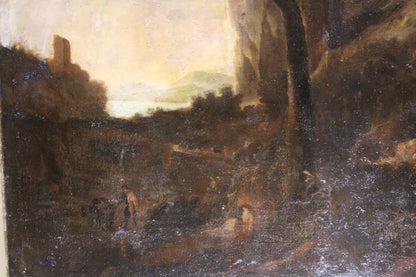 Tableau ancien du cercle de Claude Lorrain (1600-1682) - Paysage avec tour et troupeaux