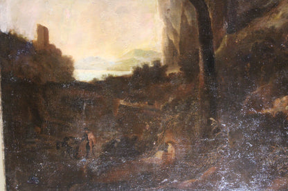 Tableau ancien du cercle de Claude Lorrain (1600-1682) - Paysage avec tour et troupeaux