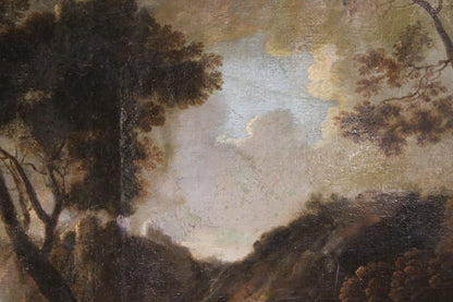 Tableau ancien du cercle de Claude Lorrain (1600-1682) - Paysage avec tour et troupeaux