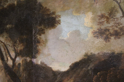Tableau ancien du cercle de Claude Lorrain (1600-1682) - Paysage avec tour et troupeaux