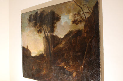 Tableau ancien du cercle de Claude Lorrain (1600-1682) - Paysage avec tour et troupeaux