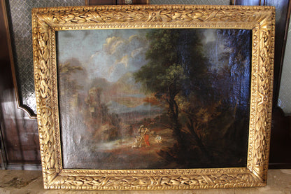 Dipinto antico di scuola italiana del XVII-XVIII secolo- Paesaggio con castello e figure