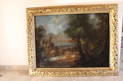 Dipinto antico di scuola italiana del XVII-XVIII secolo- Paesaggio con castello e figure