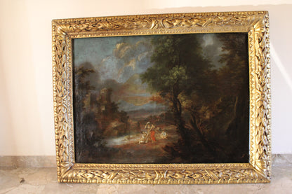 Dipinto antico di scuola italiana del XVII-XVIII secolo- Paesaggio con castello e figure