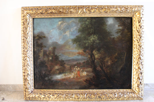 Dipinto antico di scuola italiana del XVII-XVIII secolo- Paesaggio con castello e figure