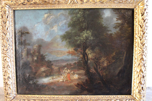 Dipinto antico di scuola italiana del XVII-XVIII secolo- Paesaggio con castello e figure