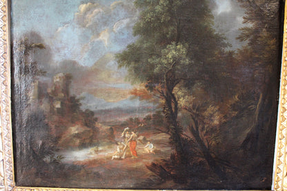Dipinto antico di scuola italiana del XVII-XVIII secolo- Paesaggio con castello e figure