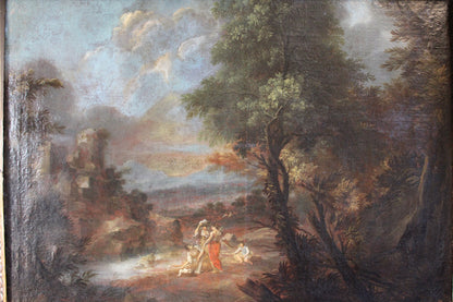 Dipinto antico di scuola italiana del XVII-XVIII secolo- Paesaggio con castello e figure
