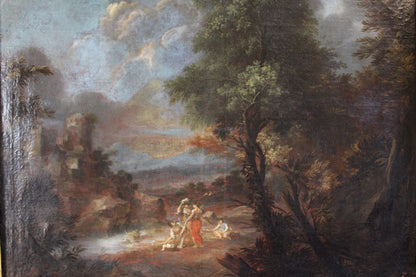 Dipinto antico di scuola italiana del XVII-XVIII secolo- Paesaggio con castello e figure