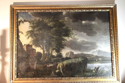 Dipinto antico, Scuola fiamminga di XVI-XVII secolo- paesaggio con figure