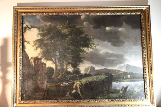Dipinto antico, Scuola fiamminga di XVI-XVII secolo- paesaggio con figure