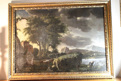 Dipinto antico, Scuola fiamminga di XVI-XVII secolo- paesaggio con figure