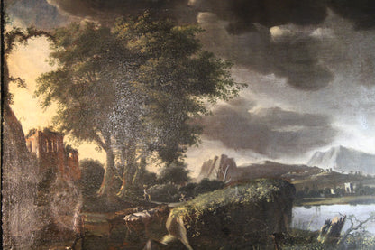 Dipinto antico, Scuola fiamminga di XVI-XVII secolo- paesaggio con figure