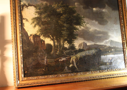 Dipinto antico, Scuola fiamminga di XVI-XVII secolo- paesaggio con figure