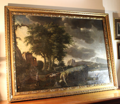 Dipinto antico, Scuola fiamminga di XVI-XVII secolo- paesaggio con figure