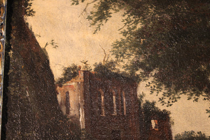 Dipinto antico, Scuola fiamminga di XVI-XVII secolo- paesaggio con figure