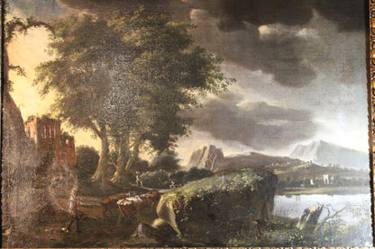 Dipinto antico, Scuola fiamminga di XVI-XVII secolo- paesaggio con figure