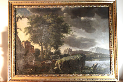 Dipinto antico, Scuola fiamminga di XVI-XVII secolo- paesaggio con figure