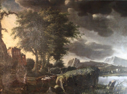 Dipinto antico, Scuola fiamminga di XVI-XVII secolo- paesaggio con figure