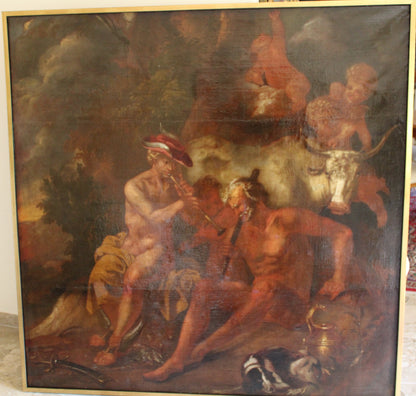 Dipinto antico, Cerchia di Hendrick de Somer (1607-1656) - Mercurio addormenta Argo suonando il flauto