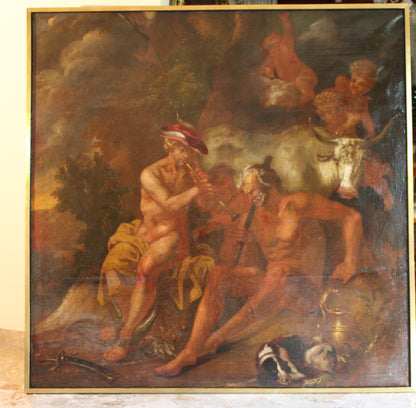 Dipinto antico, Cerchia di Hendrick de Somer (1607-1656) - Mercurio addormenta Argo suonando il flauto