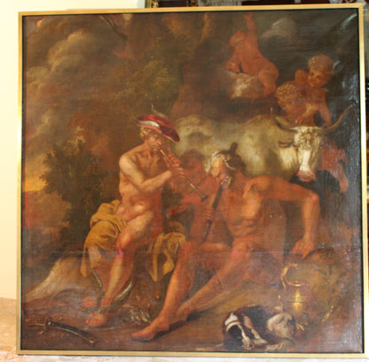 Dipinto antico, Cerchia di Hendrick de Somer (1607-1656) - Mercurio addormenta Argo suonando il flauto