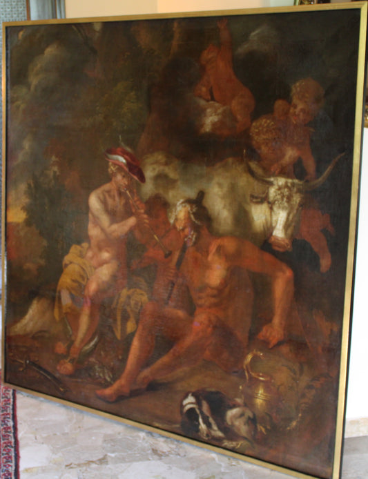 Dipinto antico, Cerchia di Hendrick de Somer (1607-1656) - Mercurio addormenta Argo suonando il flauto