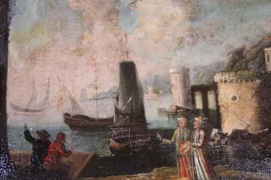 Dipinto antico, Scuola del XVI-XVII secolo- Paesaggio portuale con fortificazioni