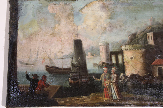 Dipinto antico, Scuola del XVI-XVII secolo- Paesaggio portuale con fortificazioni