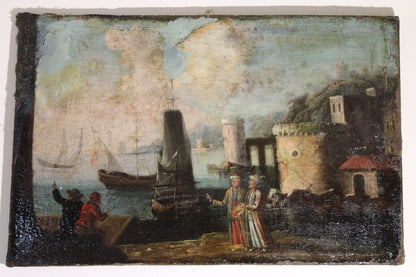 Dipinto antico, Scuola del XVI-XVII secolo- Paesaggio portuale con fortificazioni