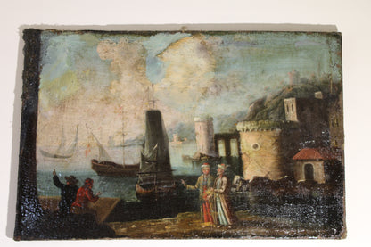 Dipinto antico, Scuola del XVI-XVII secolo- Paesaggio portuale con fortificazioni