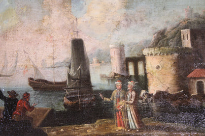 Dipinto antico, Scuola del XVI-XVII secolo- Paesaggio portuale con fortificazioni