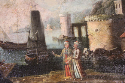 Dipinto antico, Scuola del XVI-XVII secolo- Paesaggio portuale con fortificazioni