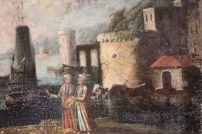 Dipinto antico, Scuola del XVI-XVII secolo- Paesaggio portuale con fortificazioni