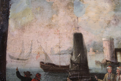Dipinto antico, Scuola del XVI-XVII secolo- Paesaggio portuale con fortificazioni