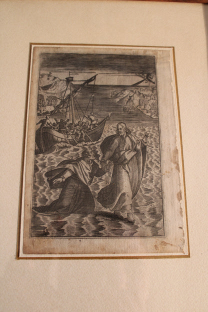 Stampa del XVI secolo di argomento sacro- Gesù e san Pietro camminano sulle acque