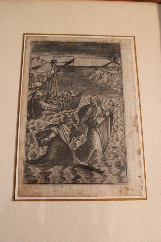 Stampa del XVI secolo di argomento sacro- Gesù e san Pietro camminano sulle acque