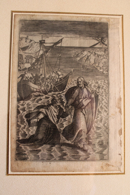 Stampa del XVI secolo di argomento sacro- Gesù e san Pietro camminano sulle acque