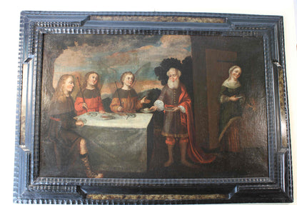 Scuola fiamminga- Dipinto a olio su tela del XVI secolo raffigurante il convito degli angeli presso Abramo