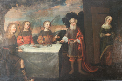 Scuola fiamminga- Dipinto a olio su tela del XVI secolo raffigurante il convito degli angeli presso Abramo