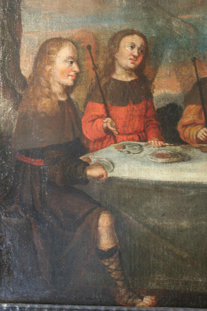 Scuola fiamminga- Dipinto a olio su tela del XVI secolo raffigurante il convito degli angeli presso Abramo