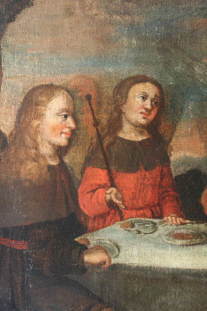 Scuola fiamminga- Dipinto a olio su tela del XVI secolo raffigurante il convito degli angeli presso Abramo