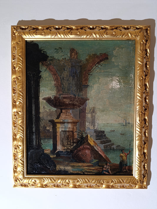 Peinture ancienne, disciple de Giovanni Paolo Pannini (1691-1765) - Capriccio avec ruines