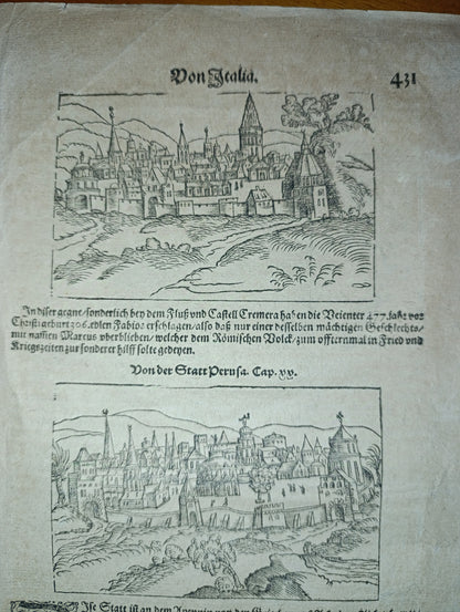 Impression folio avec des représentations de Pérouse et de Spolète, de "De Bierdte Buch", début du XVIIe siècle